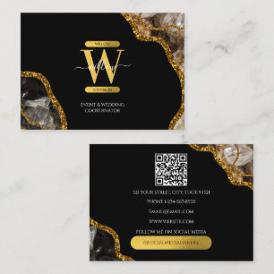 Black Gold Agate Geode Glitter Monogram QR Code Business Card