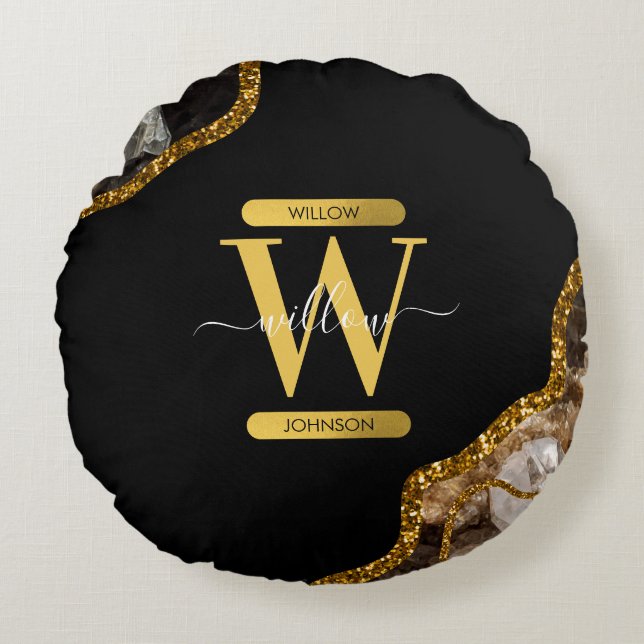 Black & Gold Agate Geode Glitter Monogram Round Pillow (Front)
