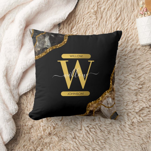 Black & Gold Agate Geode Glitter Monogram  Throw Pillow (Blanket)