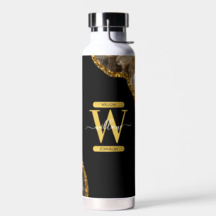 Black & Gold Agate Geode Glitter Monogram  Water Bottle