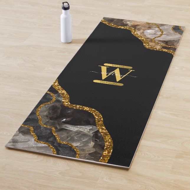 Black & Gold Agate Geode Glitter Monogram  Yoga Mat (In Situ)