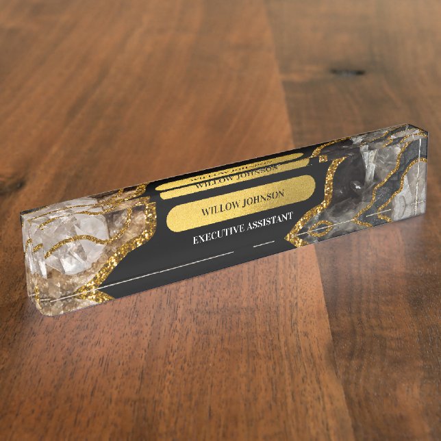 Black & Gold Agate Geode Glitter Office Nameplate (Side)