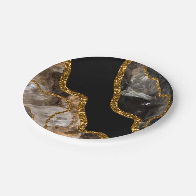 Black & Gold Agate Geode Glitter  Paper Plate (Angled)