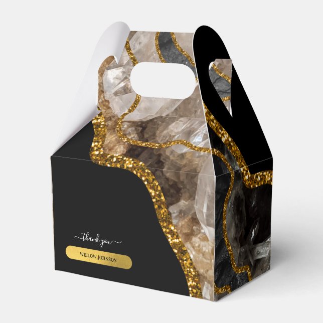 Black & Gold Agate Geode Glitter Thank You Favor Box (Front Side)