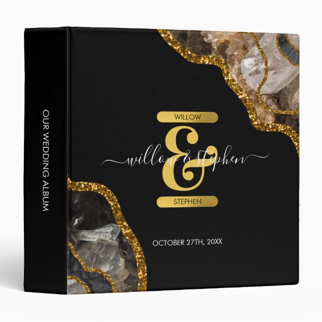 Black & Gold Agate Geode Glitter Wedding Album Binder (Front/Spine)