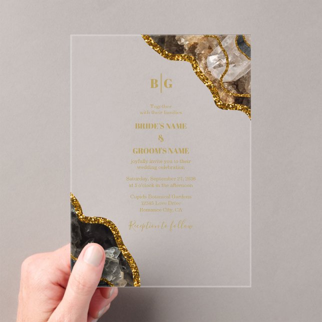 Black & Gold Agate Geode Glitter Wedding Clear Acrylic Invitations (Insitu (Handheld))