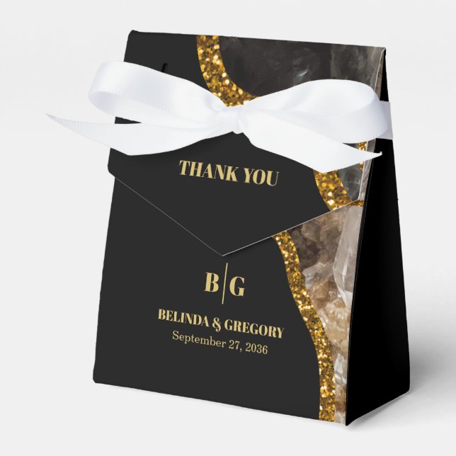 Black & Gold Agate Geode Glitter Wedding Favor Box (Front Side)