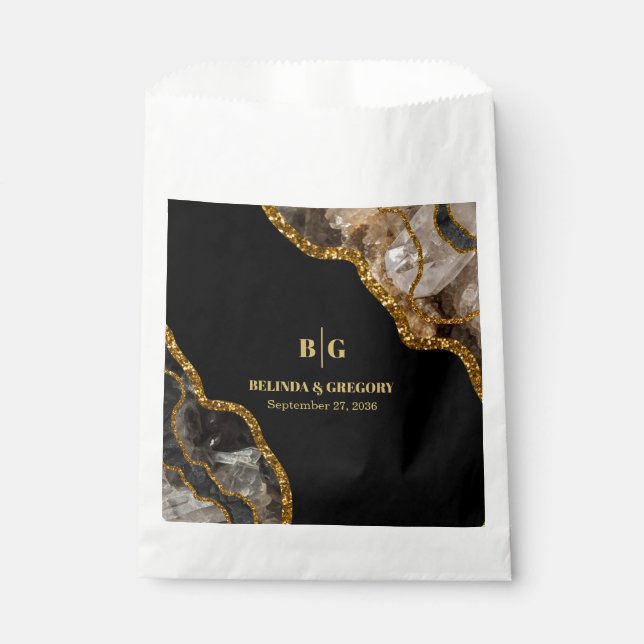 Black & Gold Agate Geode Glitter Wedding Favour Bag (Front)