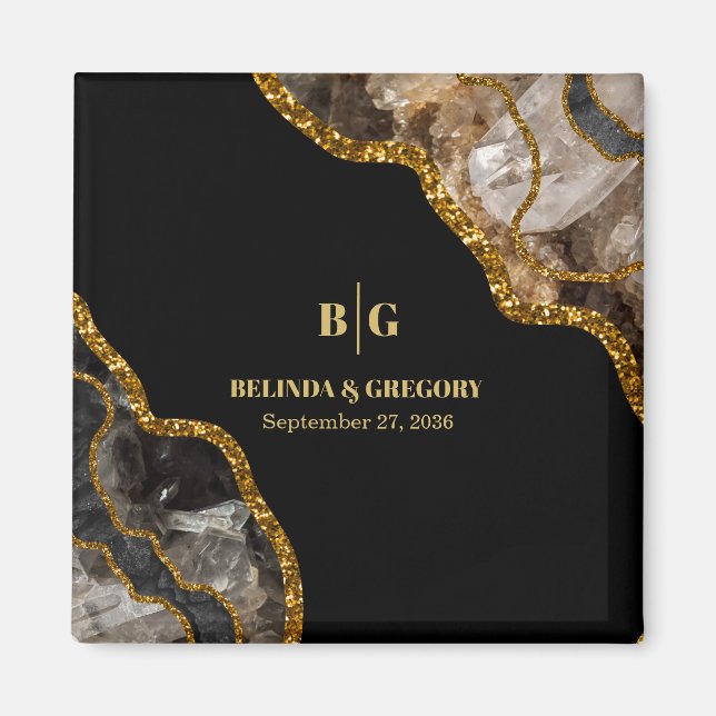 Black & Gold Agate Geode Glitter Wedding Favour Magnet (Front)