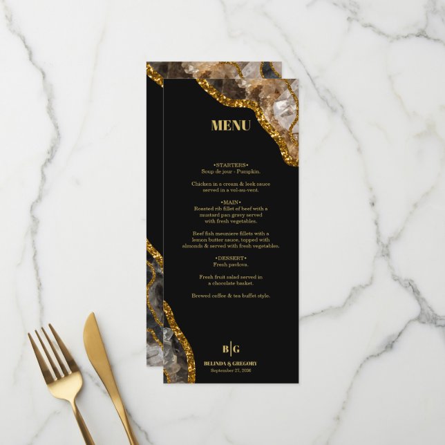 Black & Gold Agate Geode Glitter Wedding Menu (Front/Back In Situ)