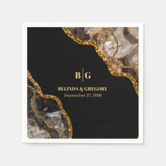 Black & Gold Agate Geode Glitter Wedding  Napkin (Front)