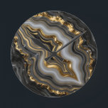 Black Gold Agate Geode Luxury Marble Round Clock<br><div class="desc">Mesmerizing black and charcoal agate with flowing bands of soft grey and creamy white, dramatically framed and veined in molten liquid gold. This opulent, high-contrast geode design exudes modern luxury, sophistication and powerful elegance perfect for those who love dark, glamourous mineral aesthetics.</div>