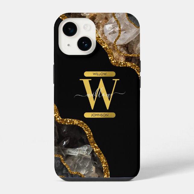 Black & Gold Agate Geode Monogram  iPhone Case (Back)