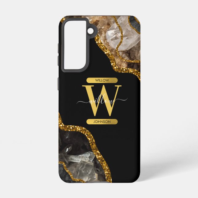 Black & Gold Agate Geode Monogram  Samsung Galaxy S21 Case (Back)