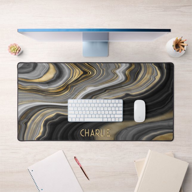 Black Gold Agate Geode Personalized Desk Mat (Office 1)