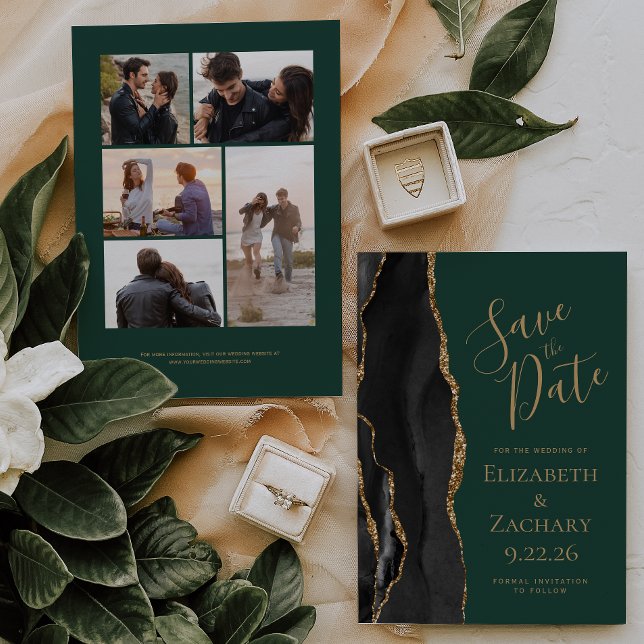 Black Gold Agate Green 5-Photo Save the Date Card (Creator Uploaded)