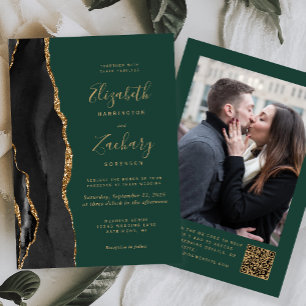 Black Gold Agate Green Photo QR Code Wedding Invitation