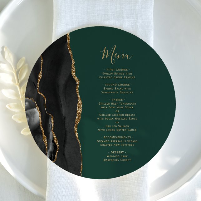 Black Gold Agate Green Round Plate Wedding Menu (Creator Uploaded)