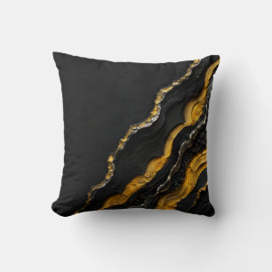 Black Gold Agate Layered Abstract Art   Luxury Throw Pillow