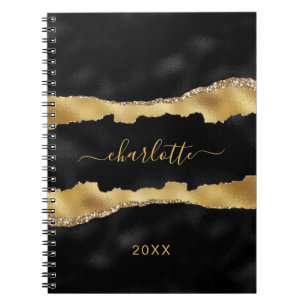 Black gold agate marble name script elegant notebook