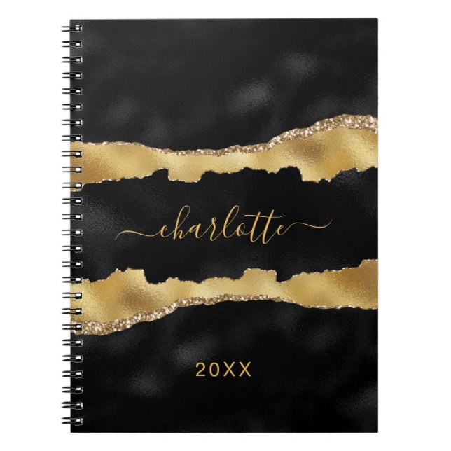 Black gold agate marble name script elegant notebook (Front)