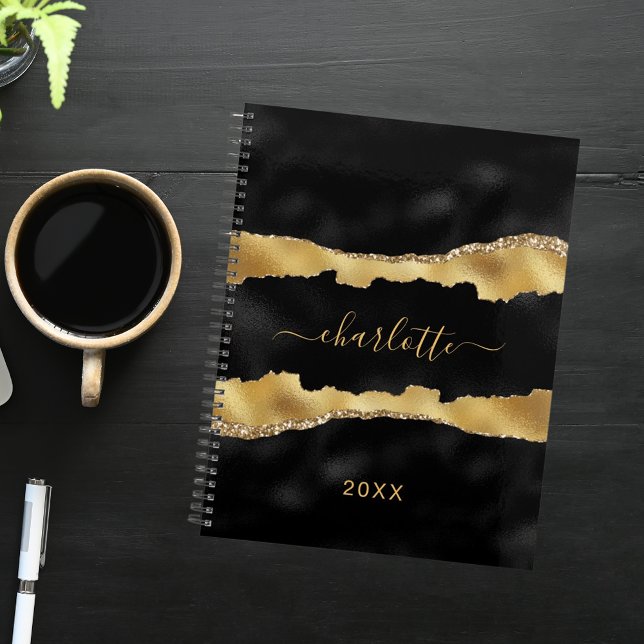 Black gold agate marble name script elegant planner (Creator Uploaded)