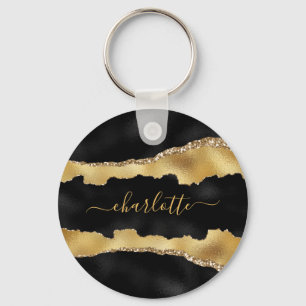 Black gold agate marble name script  keychain