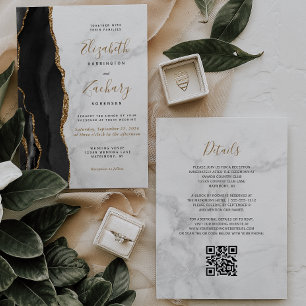 Black Gold Agate Marble QR Code Wedding Invitation