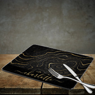 Black gold agate marble stone name script cutting board