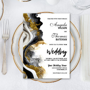 Black Gold Agate Marble Wedding Invitation