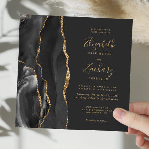 Black Gold Agate Modern Dark Square Wedding Invitation