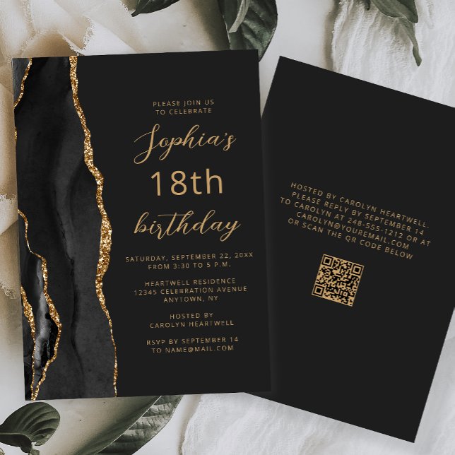 Black Gold Agate Script Dark QR Code 18th Birthday Invitation (Creator Uploaded)