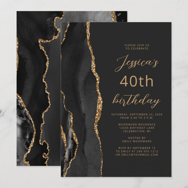Black Gold Agate Slate Script 40th Birthday Invitation (Front/Back)