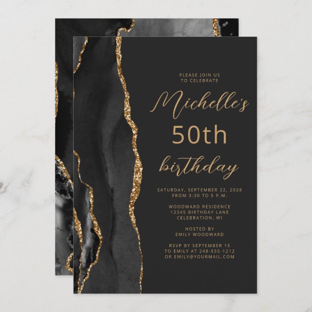 Black Gold Agate Slate Script 50th Birthday Invitation (Front/Back)