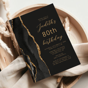 Black Gold Agate Slate Script 80th Birthday Invitation