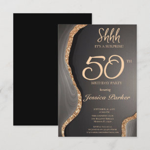 Black Gold Agate Surprise 50th Birthday Invitation