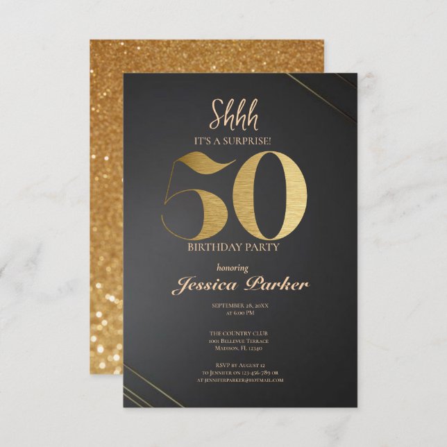 Black Gold Agate Surprise 50th Birthday  Invitation (Front/Back)