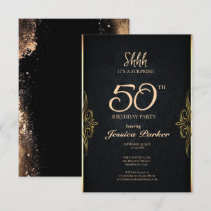 Black Gold Agate Surprise 50th Birthday Invitation