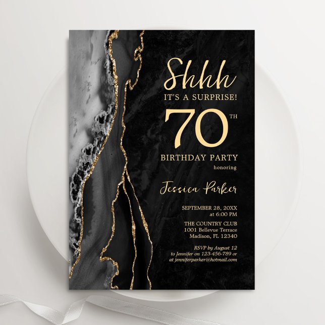 Black Gold Agate Surprise 70th Birthday Invitation (Creator Uploaded)