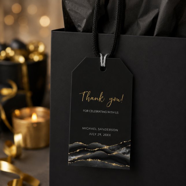 Black Gold Agate Thank You Favour Tag (Luxury black and gold agate thank you favor tag displayed on an elegant gift bag)
