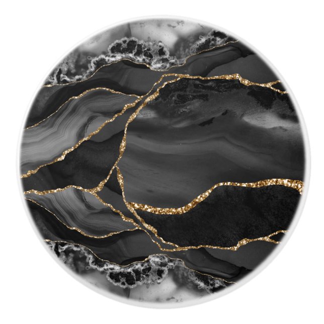 Black Gold Agate Watercolor Ceramic Knob (Front)