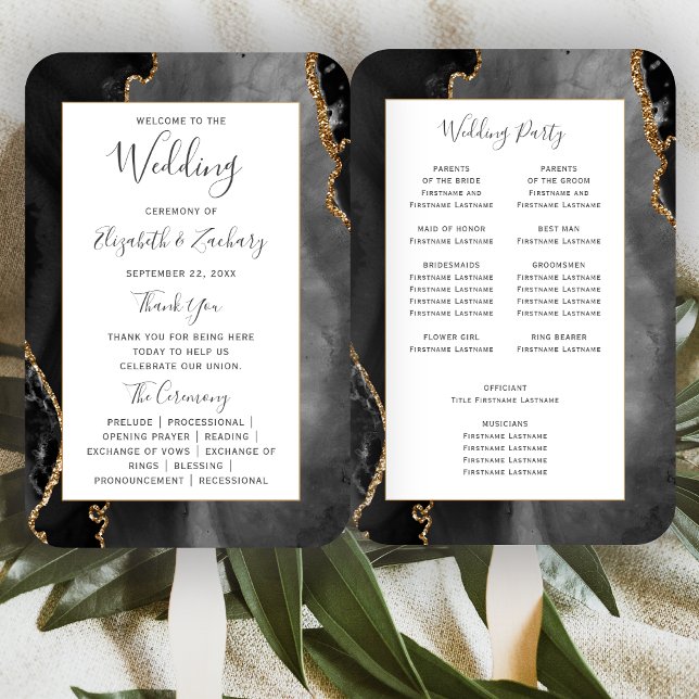 Black Gold Agate Wedding Program Hand Fan (Creator Uploaded)