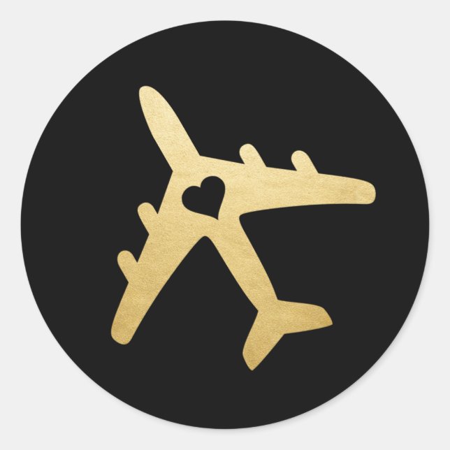 Black Gold Airplane Heart Travel Theme Favour Classic Round Sticker (Front)