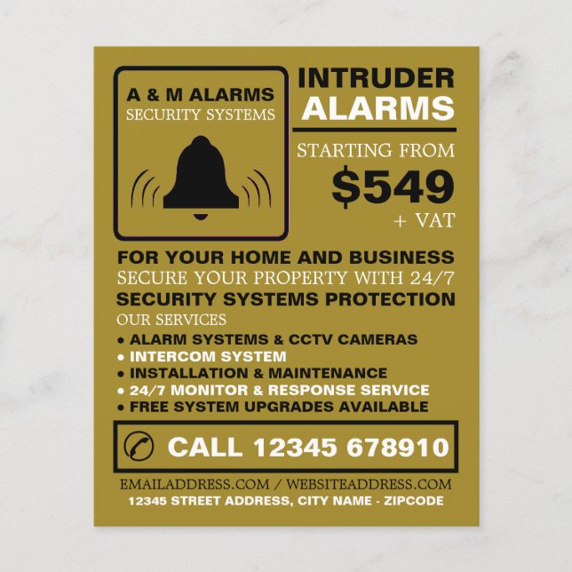 Black & Gold Alarm Logo, Security Alarm Service Flyer (Front)