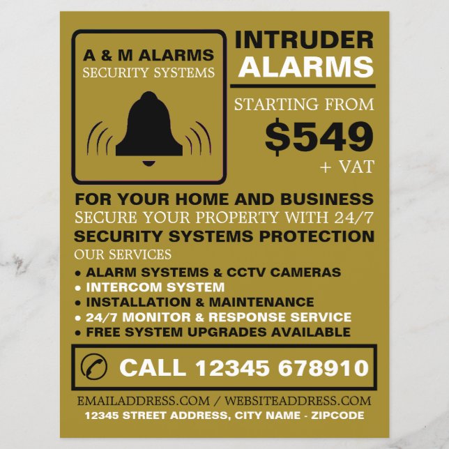 Black & Gold Alarm Logo, Security Alarm Service Flyer (Front)