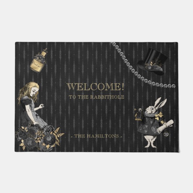 Black Gold Alice in Wonderland Illustrations Doormat (Front)