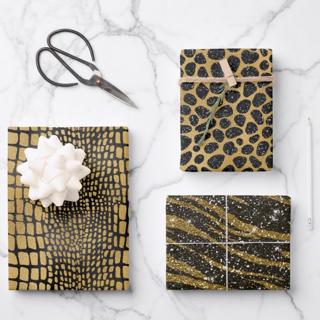 BLACK & GOLD ALLIGATOR LEOPARD TIGER PATTERNS WRAPPING PAPER SHEET (Front)
