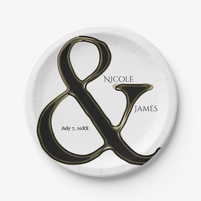 Black & Gold Ampersand Chic Wedding Reception Paper Plate (Front)