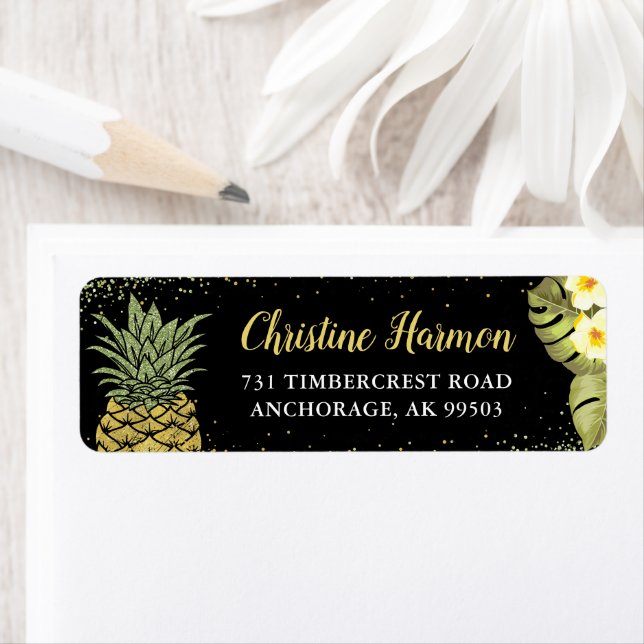 Black Gold Ananas Floral Adresse de retour Label (En situation)