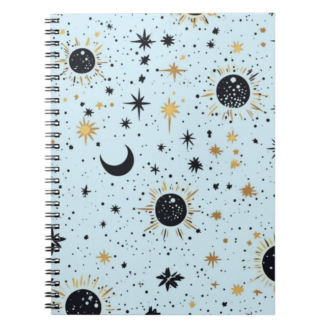 Black, Gold and Blue Celestial Sun Moon Stars Notebook (Front)